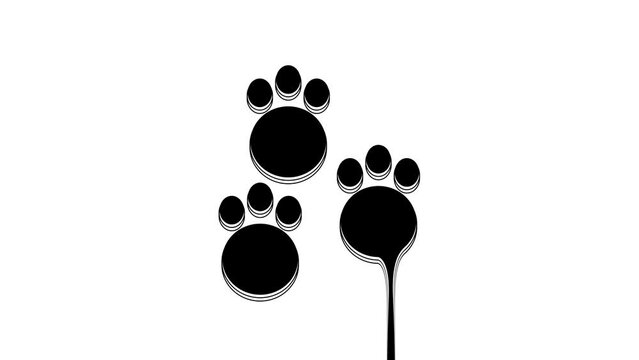 Black Paw print icon isolated on white background. Dog or cat paw print. Animal track. 4K Video motion graphic animation