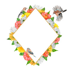 Hand-drawn watercolor composition. Rhomb frame with chrysanthemum and zinnia flowers and birds. An illustration for printing design, textile, scrapbooking. Isolated on white.	