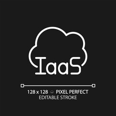 Cloud based IaaS pixel perfect white linear icon for dark theme. Online data storage infrastructure service. Thin line illustration. Isolated symbol for night mode. Editable stroke