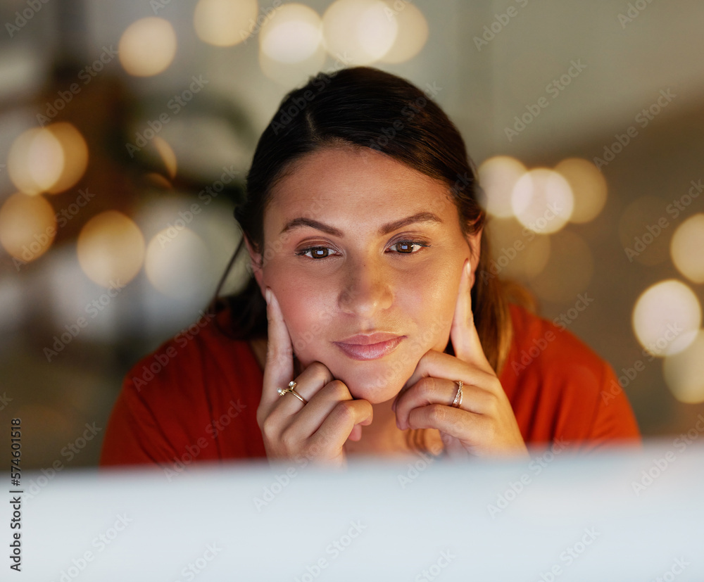 Poster business woman, face and reading on computer screen, focus and editor thinking, research with bokeh 