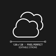 Multicloud pixel perfect white linear icon for dark theme. Improve online servers with providers diversity. Flexible service. Thin line illustration. Isolated symbol for night mode. Editable stroke