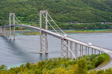 View to Tjeldsund bridge in Norway at moody summer day
