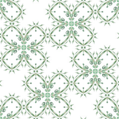 Repeated ornamental pattern with stylized  watercolor flowers and leaf.