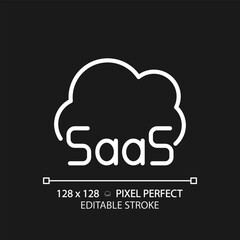 SaaS cloud computing pixel perfect white linear icon for dark theme. Developing software for online servers. Thin line illustration. Isolated symbol for night mode. Editable stroke