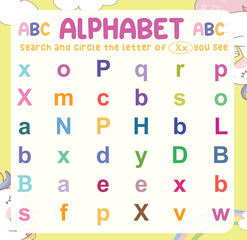 Search and circle the uppercase and lowercase of every X letter on the worksheet. Learning the alphabet for kindergarten and preschool children. Colorful and printable page. Educational worksheet. 