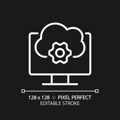 Cloud based software pixel perfect white linear icon for dark theme. Application online support. Computing technology. Thin line illustration. Isolated symbol for night mode. Editable stroke