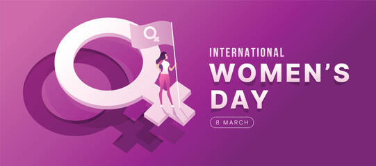 International women's day - Woman holding a female symbol flag standing on 3D female block is float up on purple background vector design