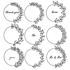 Hand drawn vector round frame. Floral wreath with branches. Decorative elements for design in doodle style