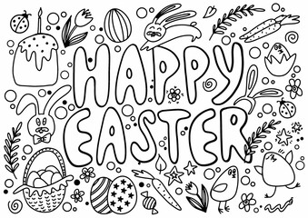 Easter mood stickers, hand drawn illustration, coloring page