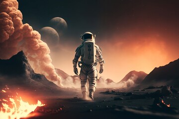 Astronaut walking on an unknown planet, generative, AI