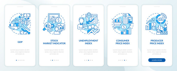 Economic indicators blue onboarding mobile app screen. Analytics walkthrough 3 steps editable graphic instructions with linear concepts. UI, UX, GUI template. Myriad Pro-Bold, Regular fonts used