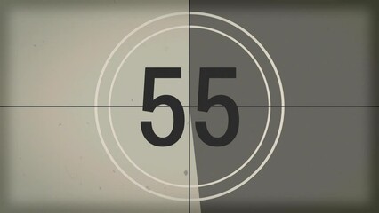 60 seconds (1 minute) vintage film countdown on faded grey background. Old retro wipe rolling effect. Scratches, details and noise. Dusty and grainy feel. 4K motion graphics.