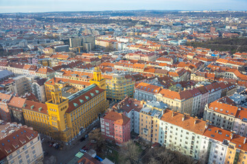Fototapeta na wymiar View of the old and new part of the city from Zizkov Television Tower in Prague, Czech republic