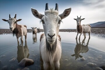 A group of a goat standing on the river clear water, face zoomed look cute and cinematic HD resolution  generative ai