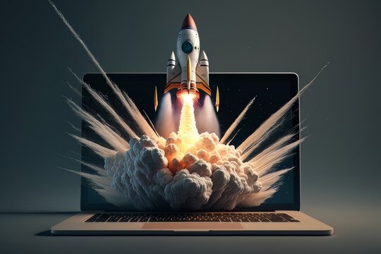 Launching Space Rocket From Laptop Screen, Cutting Edge Technology And Startup Concept. Generative AI