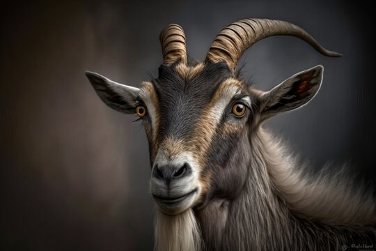 A wild life photo image of a beautiful goat with beard and horns, close up picture high resolutions  generative ai
