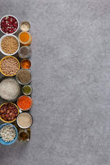 Various legumes and cereals in bowls, healthy food, diet, vegetarianism