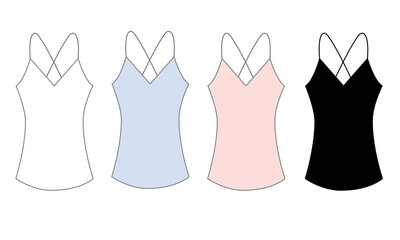 A set of vector drawings of a women's top on thin straps crossed on the back. Sketch of a classic summer top in blue, pink, black, white. Vector template of fashionable women's tank top with straps