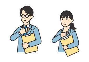 資料を持って胸に手を当てるスーツを着た女性と男性のイラスト素材セット