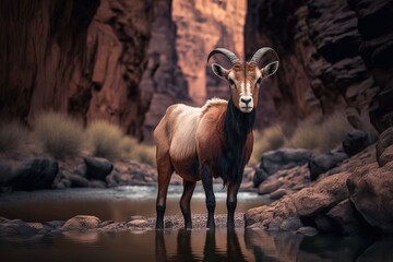 A goat standing in the river with cliffs rock mountain background, reflections on the water generative ai