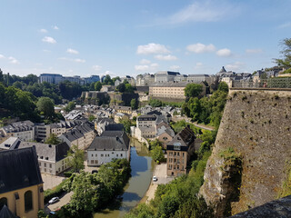 Fototapeta na wymiar Luxembourg City panorama with buildings, city walls and Alzette river