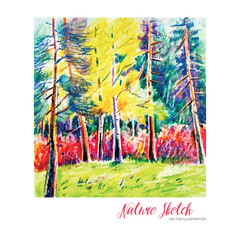 Sketch graphic, landscape, colored pencils. Vector illustration. Summer nature illustration. Art background. Autumn.