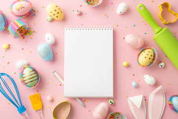 Easter concept. Top view photo of book of recipes kitchen utensils colorful easter eggs in paper baking molds easter bunny ears and sprinkles on isolated pastel pink background with blank space