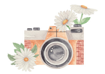Watercolor illustration camera and white flowers