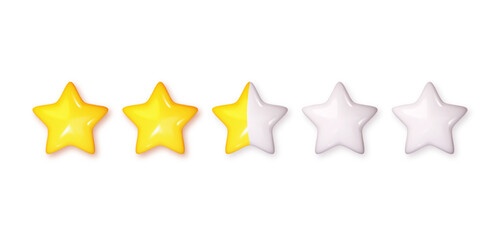 Rating stars icon for review product. Png Realistic Five glossy stars yellow and white colors. 3D Icon for game, ui, banner, design for app, interface, game development
