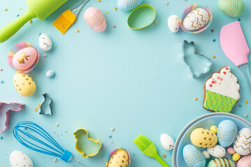 Easter concept. Top view photo of plate with colorful easter eggs kitchen utensils paper baking molds cake shaped gingerbread sprinkles on isolated pastel blue background with copyspace in the middle