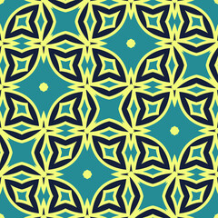 Seamless pattern with floral design. Bright yellow background with black and green flower elements for wallpapers, textile and fabrics.