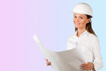 Young woman architect employee hold blueprints