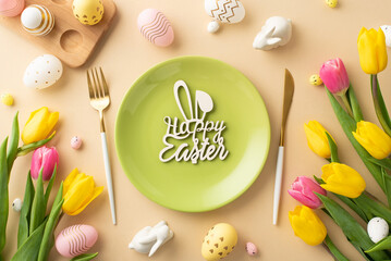 Easter concept. Top view photo of green plate with inscription happy easter knife fork colorful eggs ceramic bunnies yellow and pink tulips and wooden egg holder on isolated pastel beige background