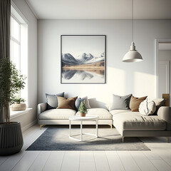 Mockup interior design of living room for modernness contemporary style white neutral, light cozy, day time, sofa lot of cushions, classic style, generative ai