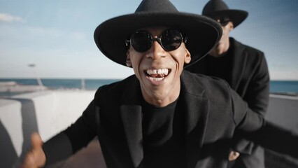 Black Man Artist, Twin Singers Band, Performing and Singing Hit Hip Hop Song for the Music Video 