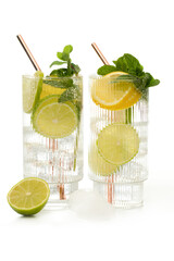 Fresh cold mojito drink with ice, mint and lime