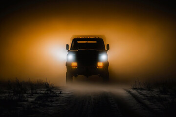 Fototapeta na wymiar Truck Driving During Dense Fog. Transportation Industry Theme. Generative AI