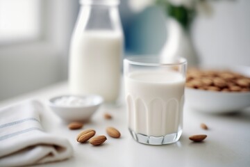 Glass with vegan almond milk with almonds on white table. Generative AI