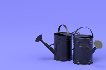 Set of watering cans on violet background. 3d render of gardening equipment tool