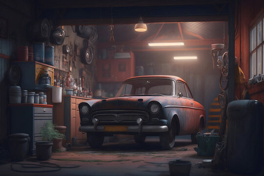 Garage with a old car. Generative AI