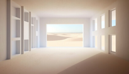 Fototapeta premium A spacious, empty modern interior room with white walls and a large window opening reveals a bright desert landscape with sand dunes and strong sunlight casting long shadows.
