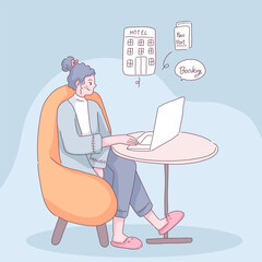 Young woman use laptop search for hostel to booking online