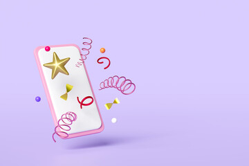 mobile phone or smartphone with star geometric shapes floating isolated on purple background. idea tip concept, minimal abstract, 3d illustration render, clipping path