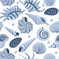 Seamless pattern with different sea shells on white background. Marine dwellers. Concept of sea and ocean life. Modern print for fabric, textiles, wrapping paper. Vector illustration