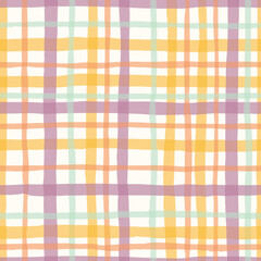 Lavender, Sage and Peach Watercolor Hand-Drawn Messy Plaid Vector Seamless Pattern. Romantic Artistic Cottagecore Checks. Homestead Farmhouse Print. Pastel Summer Graphic Background