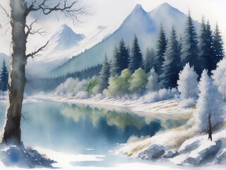 Fototapeta na wymiar Winter landscape with mountain and lake views, digital watercolor painting, Generative AI