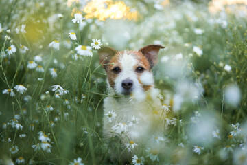 dog in daisies. Pet in nature. Cute jack russell terrier in flowers. Pet in grass