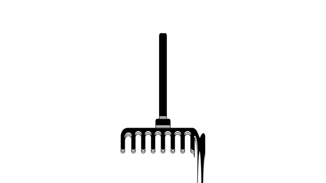 Black Garden rake icon isolated on white background. Tool for horticulture, agriculture, farming. Ground cultivator. 4K Video motion graphic animation