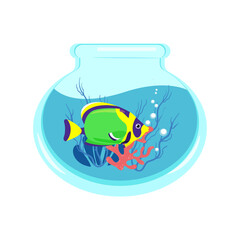 Bright green colorful fish in an aquarium with corals and algae, vector illustration of an aquarium in a flat style. Print for clothes.