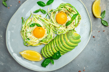 zucchini with eggs and avocado. breakfast. Healthy food, ketogenic diet, diet lunch concept. place for text, top view